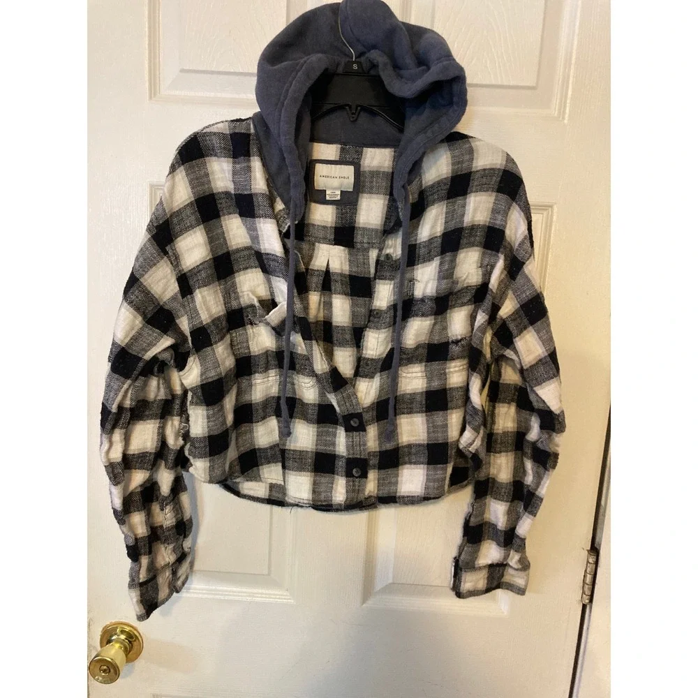 American Eagle Cropped Flannel Hooded Shirt Buffalo Plaid Black White Large